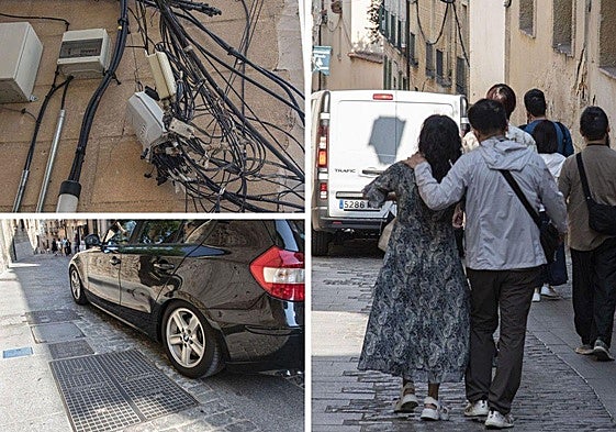 A la derecha, cableas en una fachada de Daoiz y un vehíuculo circula junto a tapas y arquetas; y a la izquierda, trasiego de turistas y ciches por la calle.