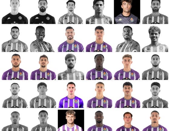 En color, los jugadores que siguen en la primera plantilla del Real Valladolid; en sepia, los que han abandonado el vestuario.