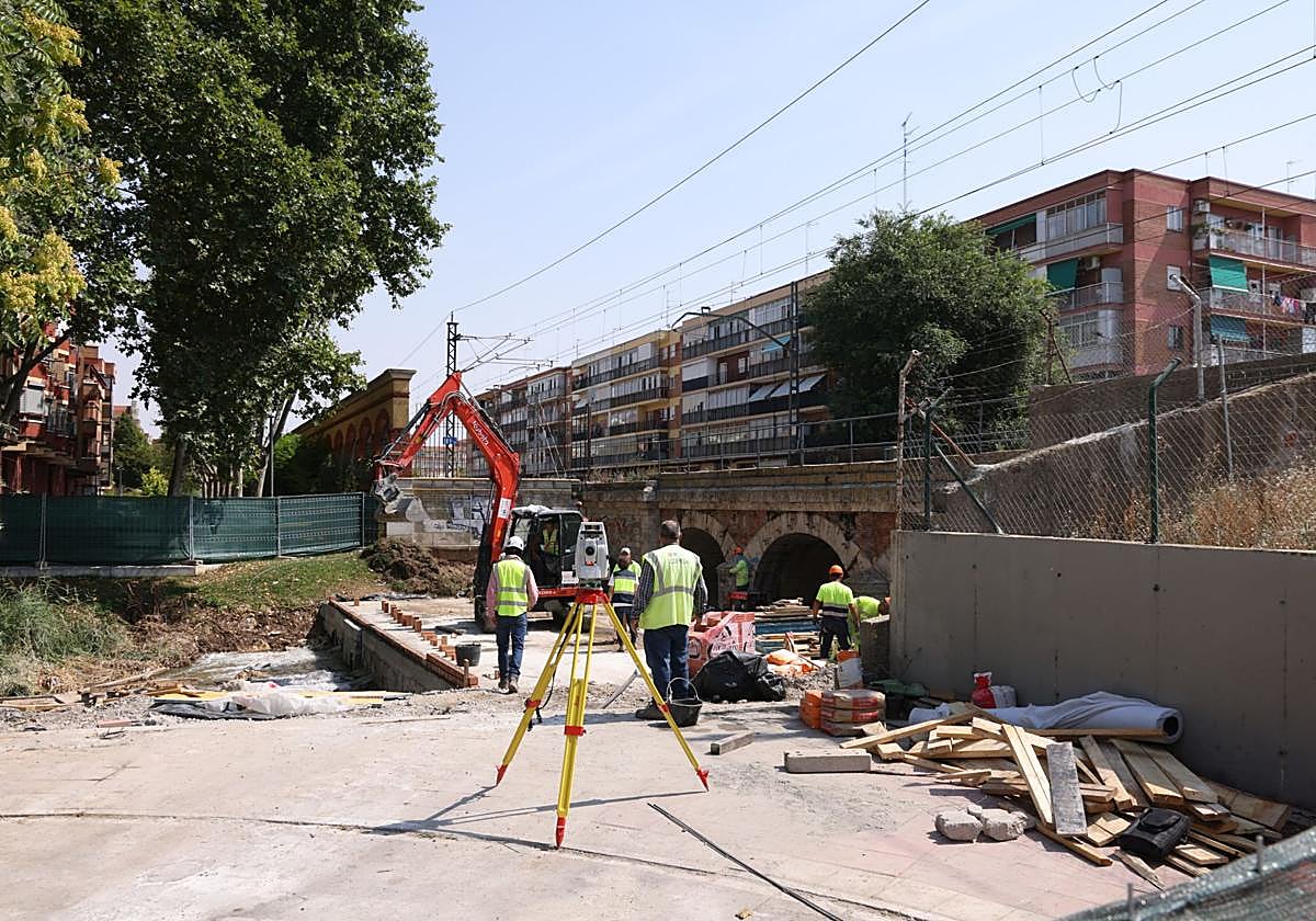 Obras en el río Esgueva para ampliar la plaforma del puente ferroviario sobre el cauce.