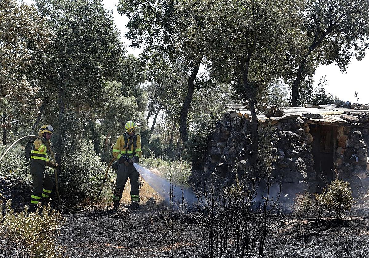 Los bomberos sofocan el pasado 21 de julio una zona del Monte el Viejo afectada por un incendio.