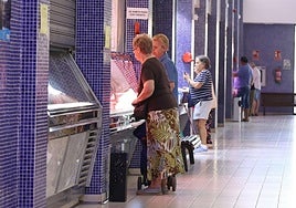 Clientes haciendo la compra en los pocos puestos de autónomos que continúan abiertos en el Mercado de Delicias de Valladolid.