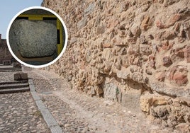 Muro donde estaba piedra del Acueducto y la pieza recuperada por la Guardia Civil.