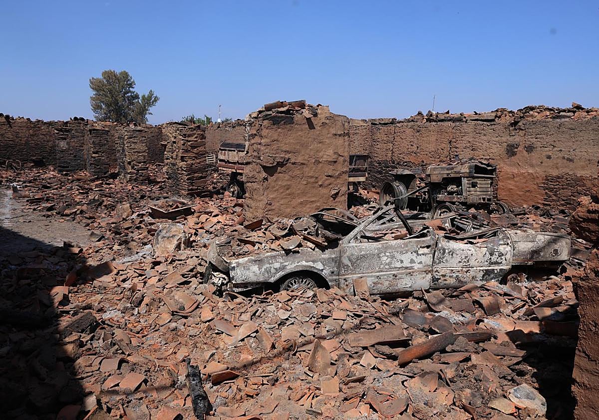Imagen principal - Varios de los efectos del incendio de Castrocalbón en León