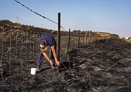 Un ganadero repara la valla de su finca afectada por el incendio en las proximidades de Urraca-Miguel