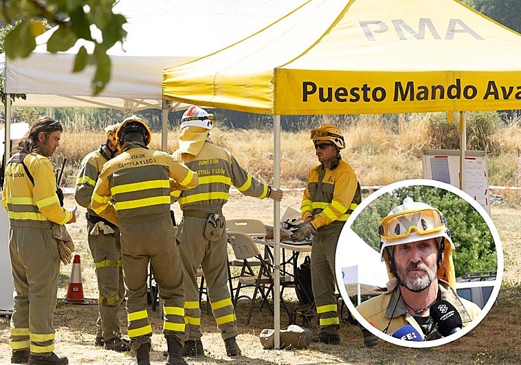 El puesto de mando avanzado de Barniedo de la Reina y, en detalle, Víctor Fernández.