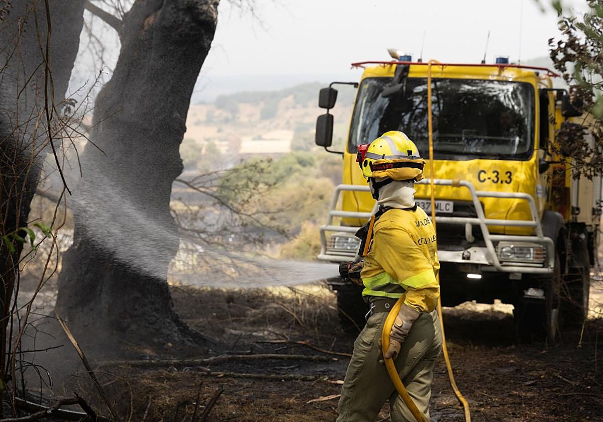 Uno de los bomberos trabaja en las labores de extinción del incendio en tierras leonesas.