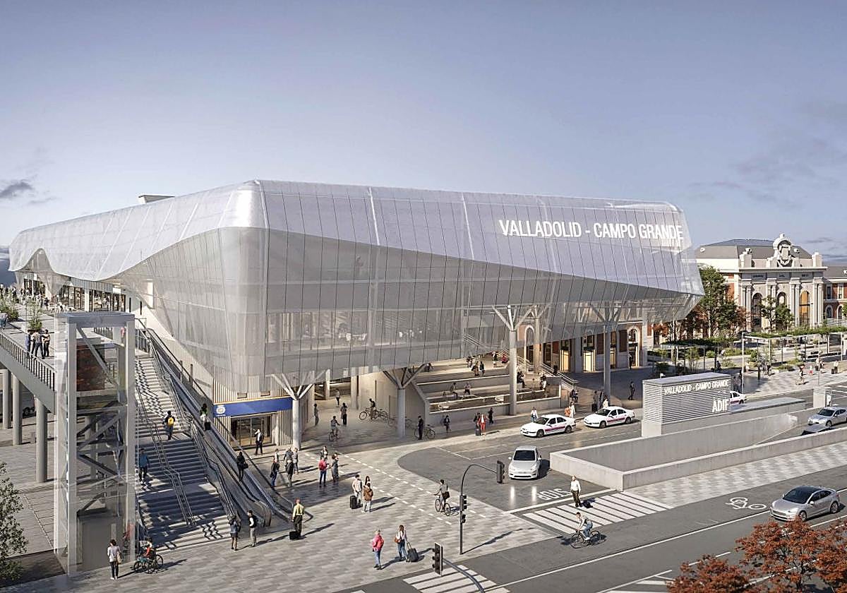 Infografía del futuro aspecto de la estación de trenes de Campo Grande con el nuevo edificio y la pasarela.