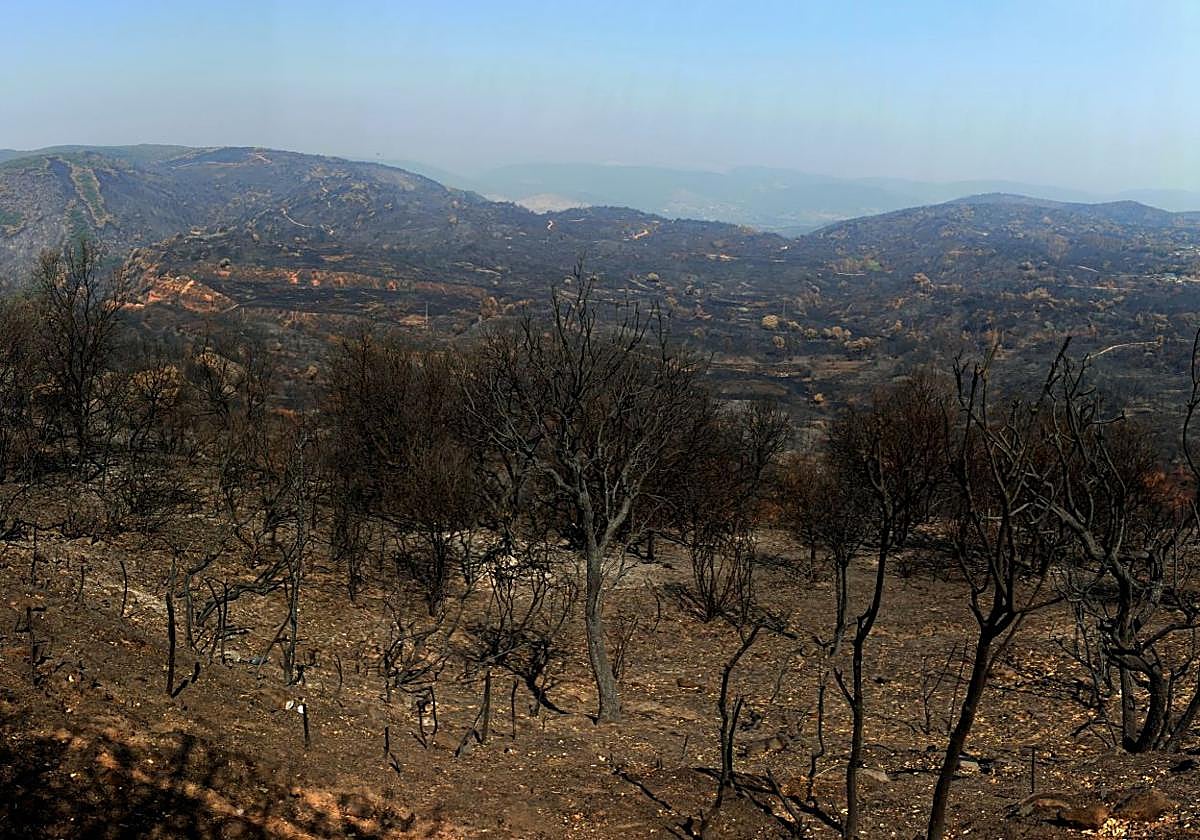Efectos del incendio iniciado en la localidad de Yeres (León), y que ha afectado al paraje de Las Médulas, este martes.