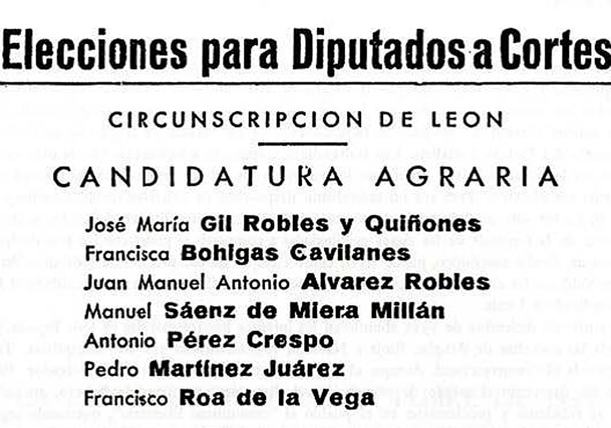 Imagen principal - Arriba, cartel electoral de las derechas para las elecciones de noviembre de 1933 en León. Abajo, Bohigas, sentada, y detrás de ella José María Gil Robles, líder de la CEDA, y la diputada en su escaño en 1933.