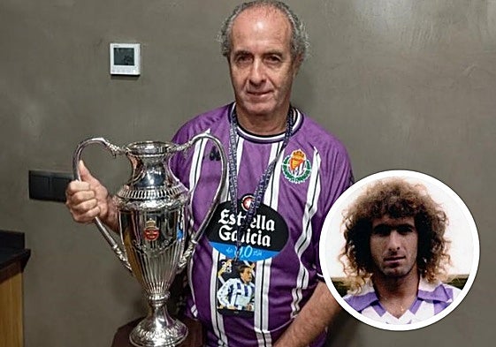 Arriba, Pepín con la Copa de la Liga. En detalle, con la camiseta blanquivioleta.