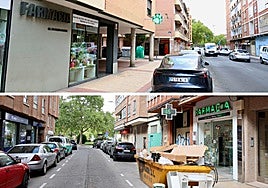 Arriba, farmacia del camino de la Esperanza. Abajo, farmacia de la calle Joaquín María Jalón.