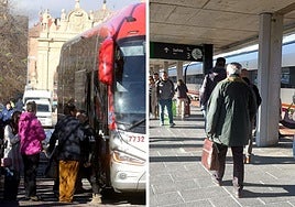 Pasajeros hacen cola para subir a un autobús (izq.) y a un tren Avant (dcha.) en dirección Madrid.