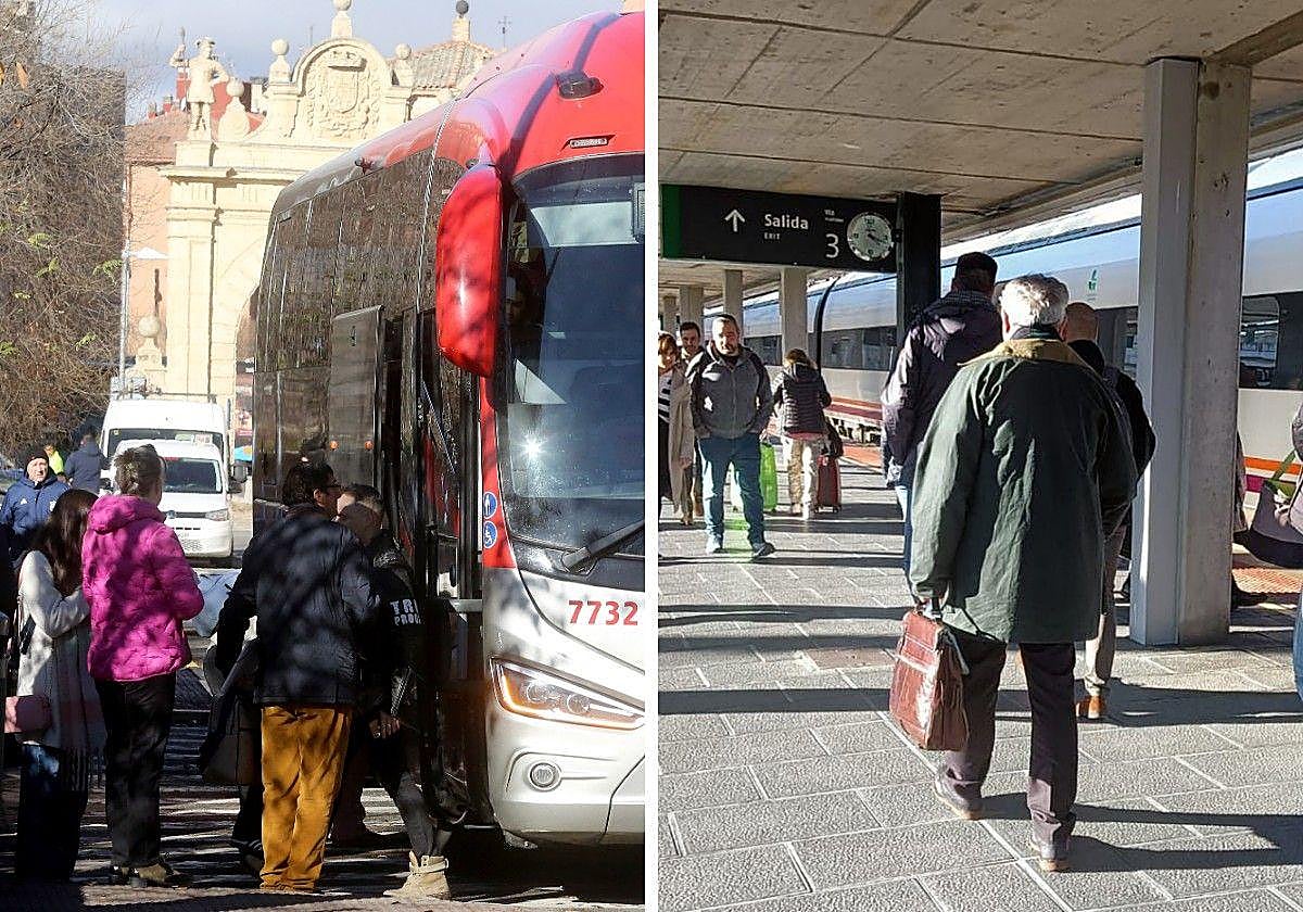 Pasajeros hacen cola para subir a un autobús (izq.) y a un tren Avant (dcha.) en dirección Madrid.