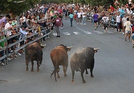 Tres toros en el recorrido urbano flanqueado por talanqueras repletas de público
