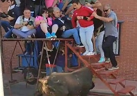 Momento en el que el toro embistió la plataforma con público.