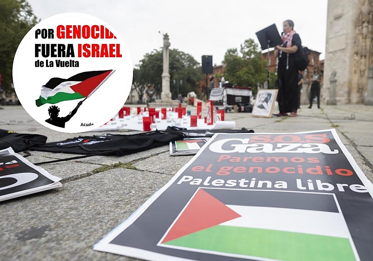 Mensajes contra la guerra en Gaza en el acto celebrado este sábado en San Pablo y detalle del cartel de la convocatoria para la protesta del día 11 al paso de la Vuelta.
