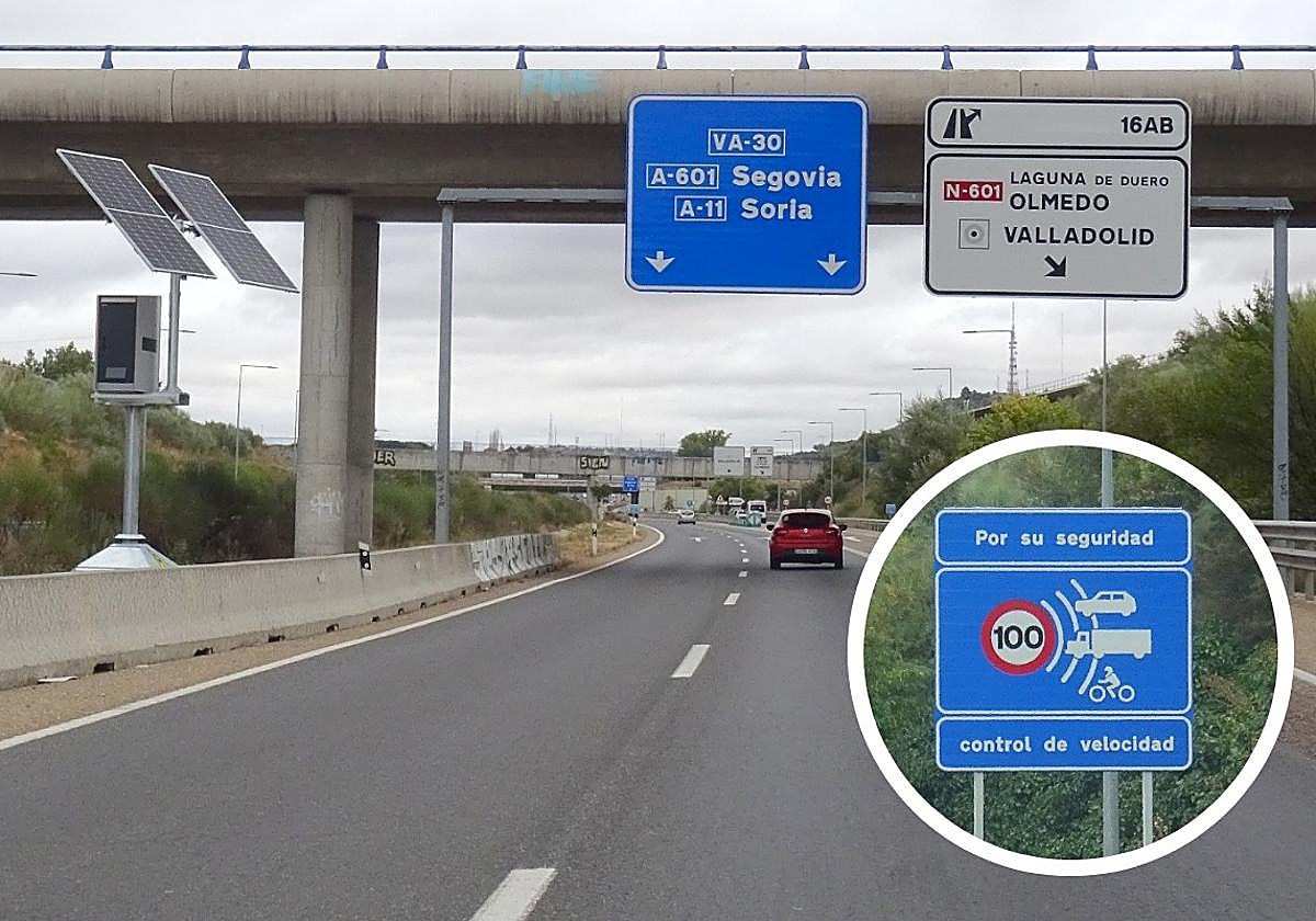El nuevo radar multicarril instalado en la VA-30, en el kilómetro 16, y una de las señales que advierten de su presencia.
