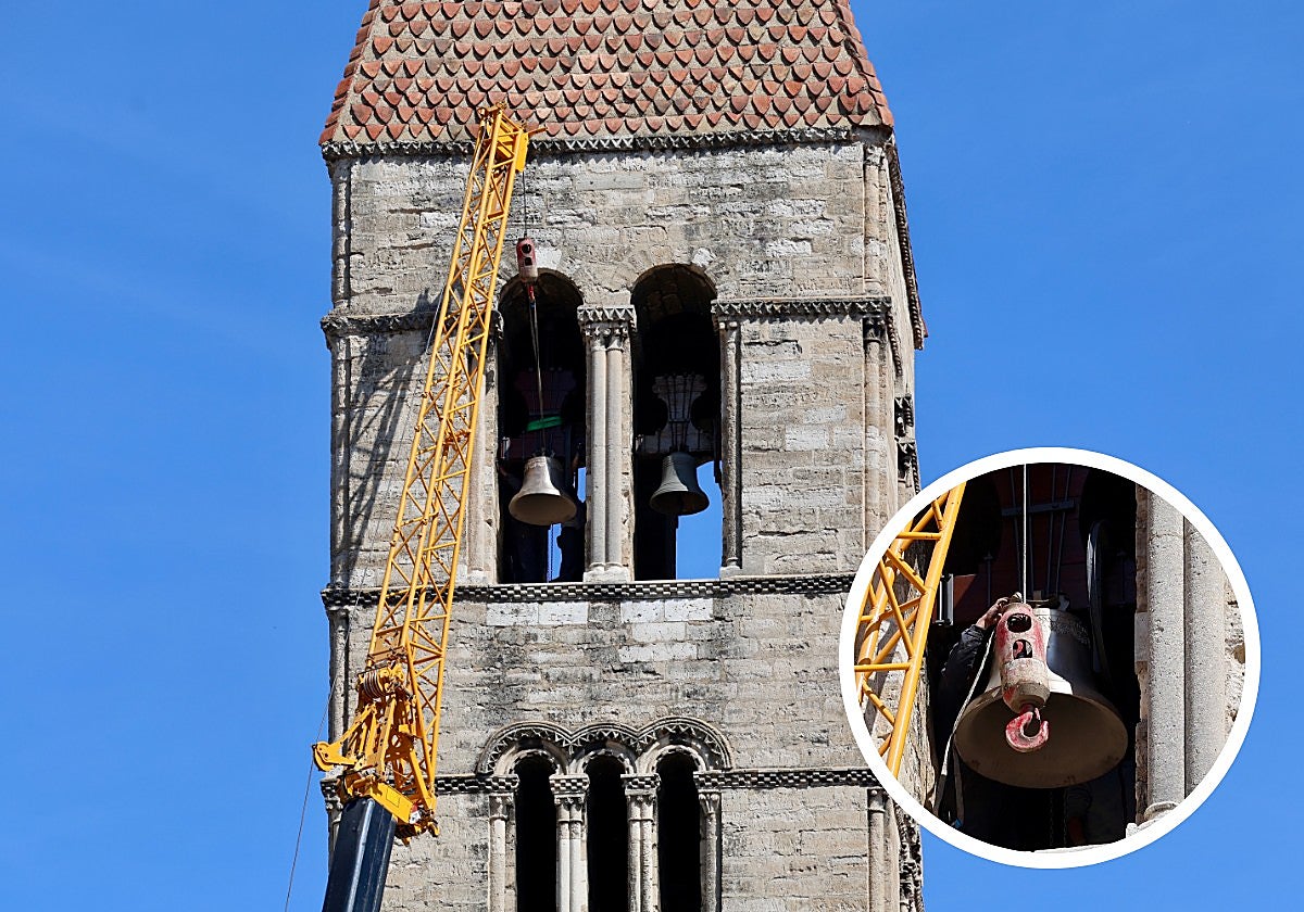 La torre de La Antigua y, en detalle, la instalación de la nueva campana.