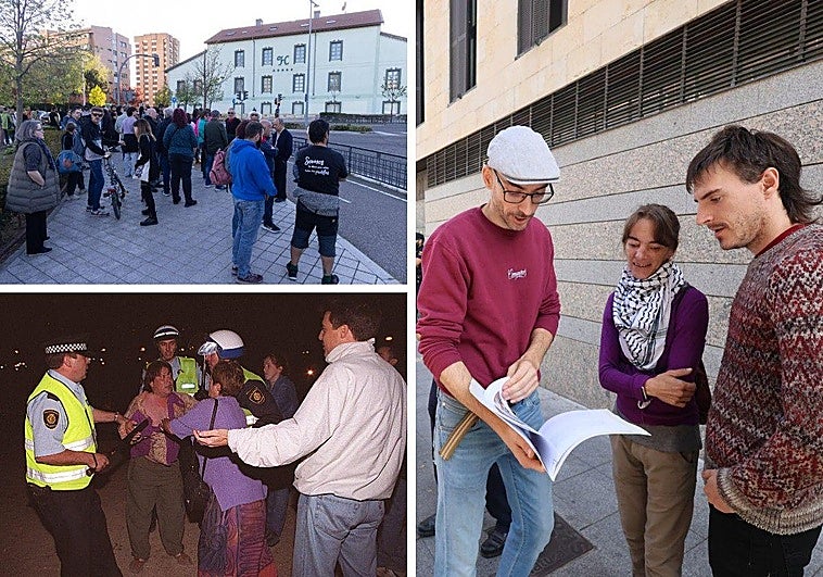 Concentración contra el desalojo de La Molinera en 2023, carga policial en Las Moreras durante la noche de San Juan en 2000. A la derecha, Lebrero, Valentín y Lázaro tras denunciar las carga policiales tras la contrarreloj del pasado 11 de septiembre.