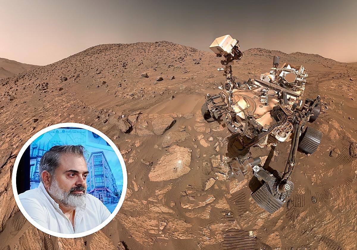 Selfie del rover Perseverance en Marte y, en detalle, José Antonio Manrique, Doctor en Física en la UVA, miembro del equipo Mars2020.