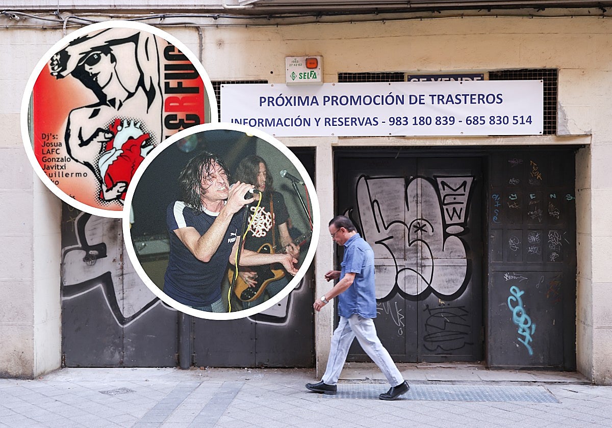 Fachada de la antigua sala Subterfugio. En los círculos, el cartel de la fiesta de despedida y un concierto de Sex Museum.