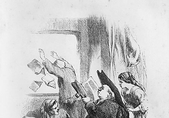 Grabado que recrea el expurgo de la biblioteca de don Alonso Quijano.