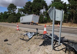 Restos del accidente mortal en el término municipal de Traspinedo, con el camión implicado al fondo de la imagen.