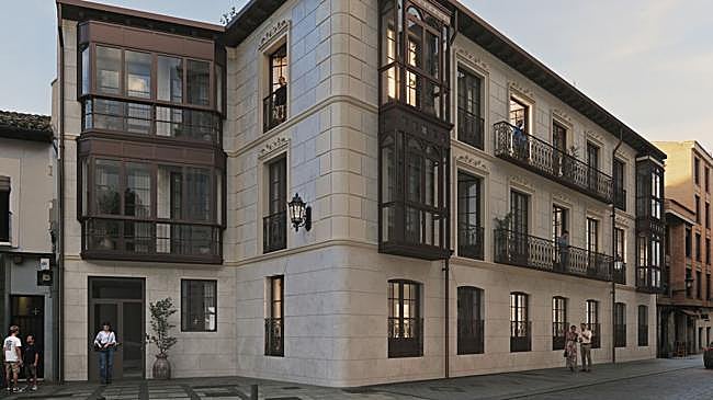 Imagen después - Estado actual de la fachada de los números 4 y 6 de la calle San Martín e infografía del futuro residencial.