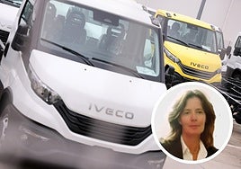 Furgonetas Daily en el exterior de la factoría de Valladolid y, en detalle, la nueva directora.