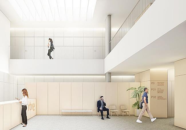 Recreación del vestíbulo principal de las oficinas del ente público.