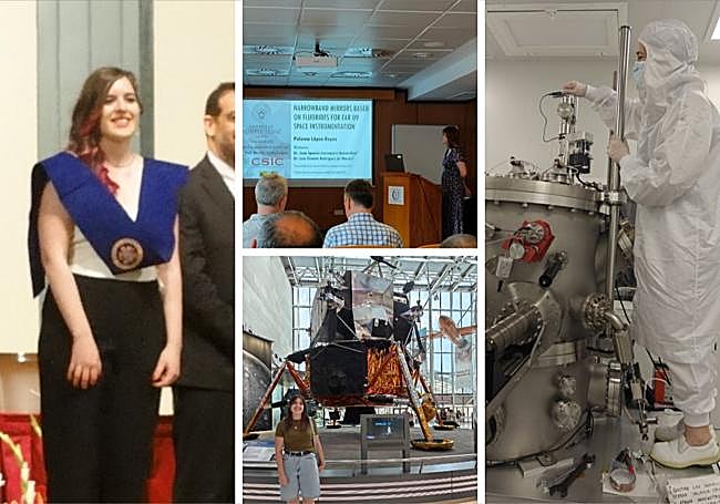 Foto 1.- Paloma López durante su graduación del Grado de Física en la UVa. Foto 2.- Durante su defensa de la tesis doctoral en 2023. Foto 3.- Durante un congreso de NASA en Washington, visitando el museo Smithsonian Aeroespacial. Foto 4.- Trabajando en su laboratorio, en el Instituto de Óptica del CSIC
