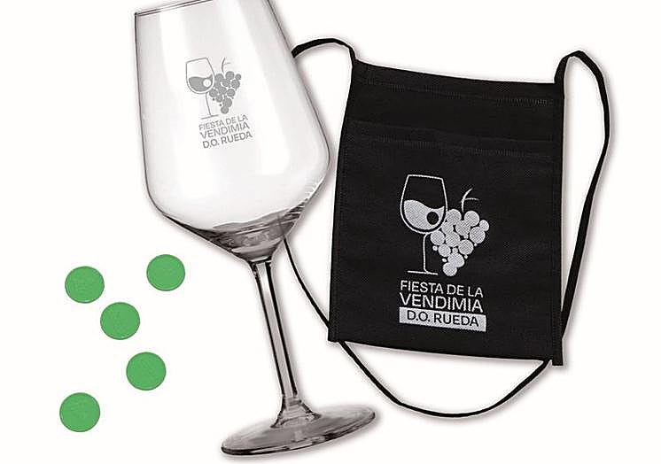 Fichas, copa y portacopas para la Fiesta del Vino de Rueda.