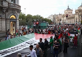 Una gran bandera palestina portada por una veintena de manifestantes en la calle Miguel Íscar.