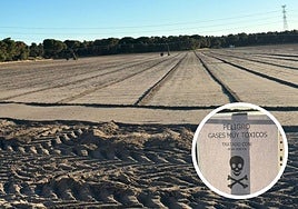 En grande, la parcela donde se ha esparcido el producto; en pequeño, el cartel colocado junto al terreno.