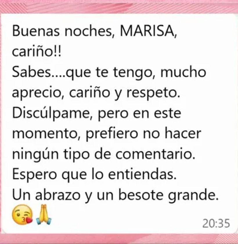 Mensaje de Raquel Mosquera a Marisa Martín.