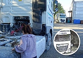 Laura, la administradora de Cafaes, examina el depósito de unos de sus camiones. A la derecha, en detalle, captura de las imágenes en la que se aprecia a los ladrones sacando el gasóleo de uno de los vehículos de la empresa.