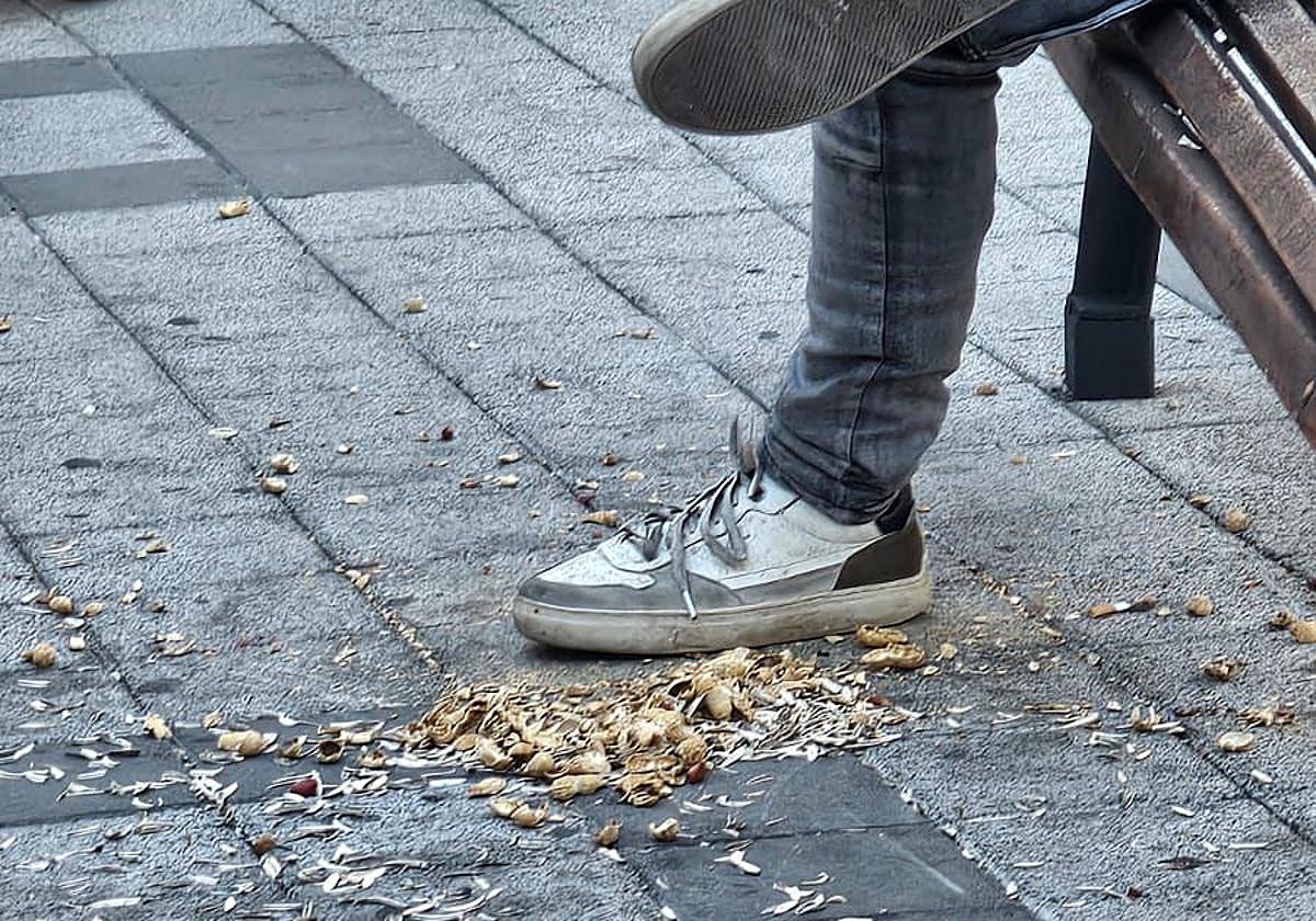 Cáscaras de pipas y cacahuetes que el joven tiró al suelo.