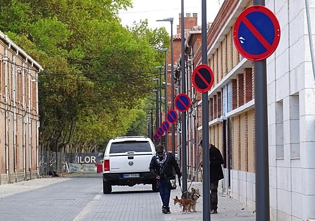 La hilera de señales de las faroles que marcan el espacio en el que no se puede aparcar en la calle Canal.