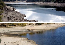 Arriba, el estado en el que está Puenet Alta este viernes; y abajo, vista de una zona del Pontón donde se aprecia la bajada del agua embalsada en estos días.