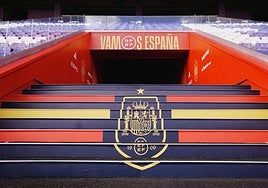 La salida del túnel de vestuarios del estadio José Zorrilla, preparada para el España-Bulgaria de este martes