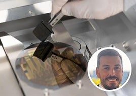 Trabajos en laboratorio en Inbrain Neuroelectronics y, en imagen de detalle, Javier Castillo.