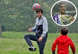 Valiente, en una imagen reciente jugando con su hijo; en detalle, ensangrentado el día del ascenso con un ejemplar de El Norte en la mano.