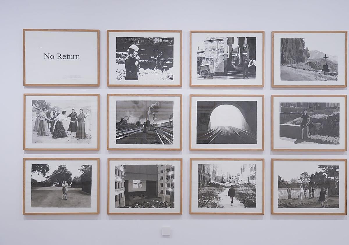 Imagen principal - Políptico de Mensua, su comsirario Álvaro de los Ángeles abajo. Cuadro de Miguel Marina.