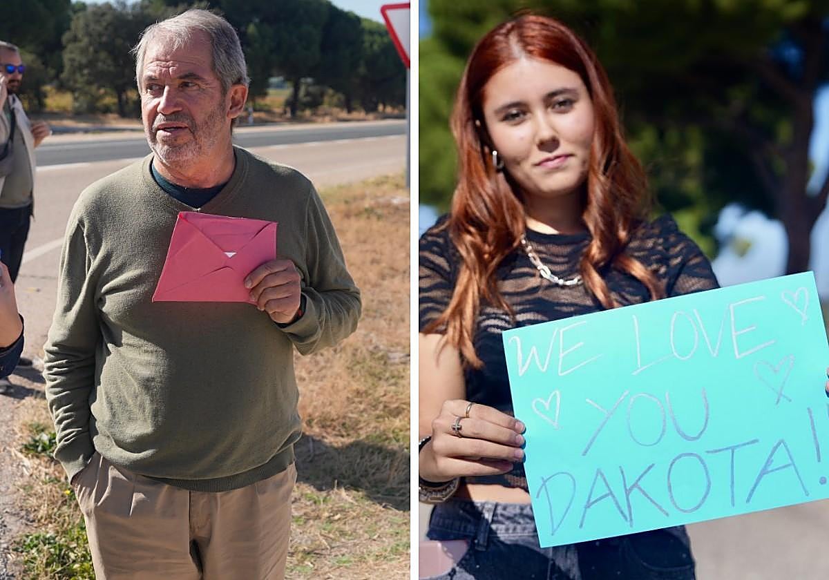 John, vecino de Peñafiel, y la joven Selene posan con la carta para Antonio Banderas y el cartel dedicado a Dakota Johnson.