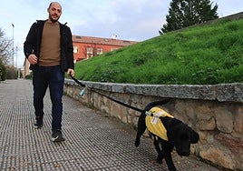 Nacho Riquelme pasea con Kempton, el perro que está siendo entrenado para ser guía de personas ciegas.