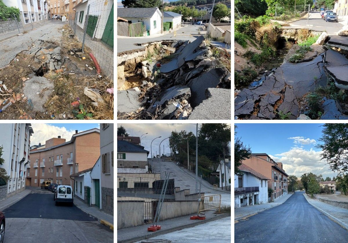 De izquierda a derecha, el antes y después de las calles Clavel (El Espinar), Menacho (San Rafael) y Yecla (El Espinar).