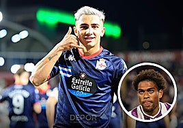 Yeremay celebra un gol con el Dépor. A la derecho Julien Ponceau, jugador más valorado del Pucela.