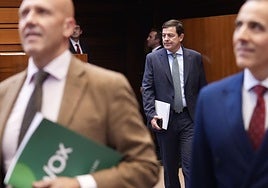 Alfonso Fernández Mañueco llega al Pleno. En primer término, los procuradores de Vox Carlos Menéndez y José Antonio Palomo.