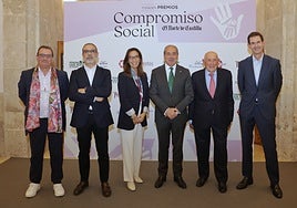 Narciso Prieto, director de comunicación de Caja Rural de Zamora; Julián Picapiedra, responsable de proyectos de Fundación Michelin; Nuria Pino, directora de personas de HTGroup; Cipriano García, director general de Caja Rural de Zamora; Edmundo Bayón, presidente de Protos, y Goyo Ezama, director general de El Norte de Castilla