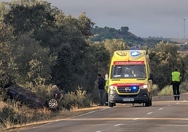 Guardia Civil y personal sanitario, este martes junto al vehículo siniestrado en Castronuño.